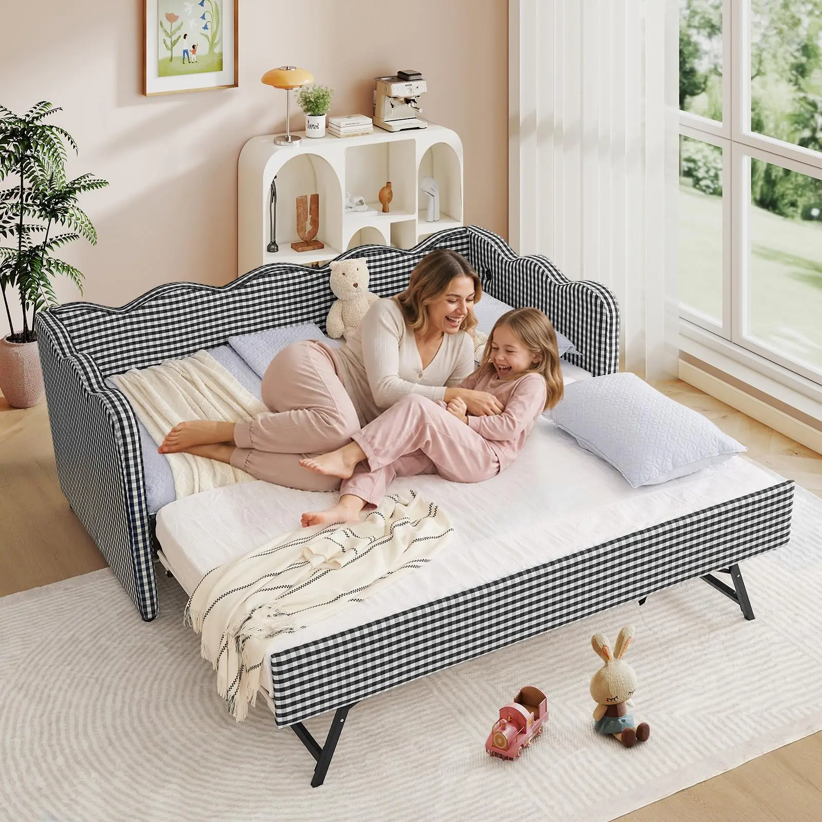 Twin Size Upholstered Gingham Daybed with Pop Up Trundle, Black