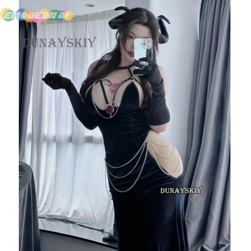 Anime Opperheer Albedo Cosplay Kostuums Handschoen Jurk Omwikkeld Heup Open Visstaart Rok Zwart Zeemeermin Halloween Luit