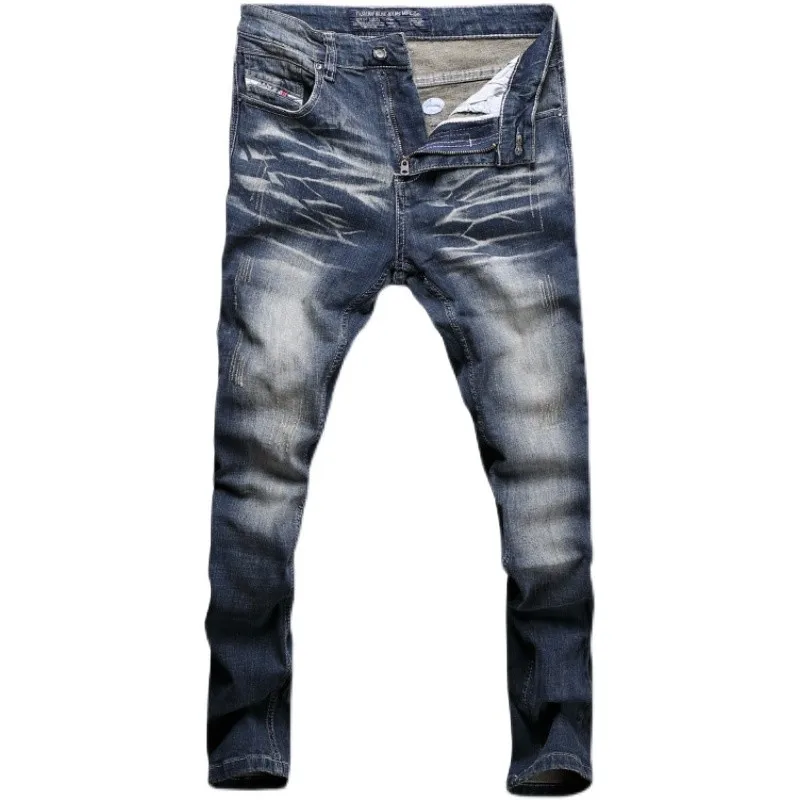 Novo designer de moda masculina jeans retro azul elástico fino ajuste rasgado jeans calças masculinas vintage casual algodão denim calças hombre