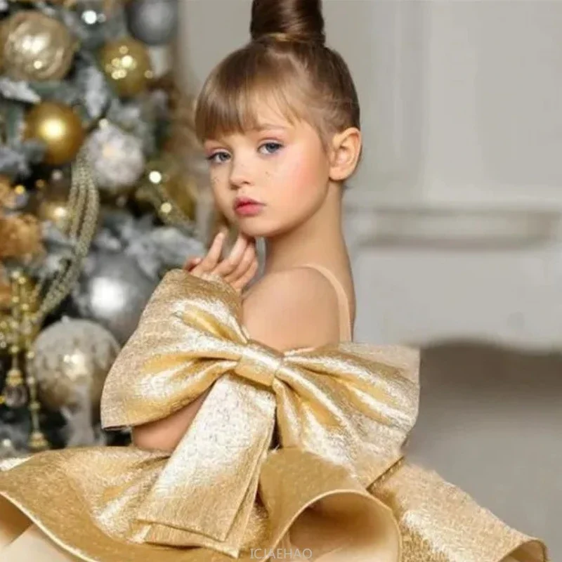 

Party Dress 2025 New Gold Satin Costume Baby Girl First Birthday Gown Host Outfit Teen Girl Clothes Dresses Children Princess