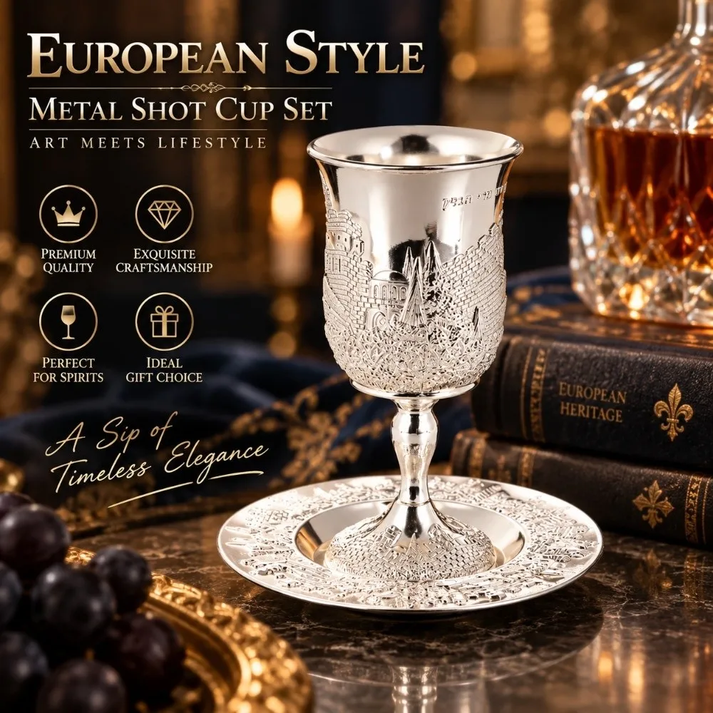 Decorative Zinc Alloy Kiddush Cup Set Silver European Style Ceremonial Cup Set Elegant with Tray Wine Cup Set Home Kitchen