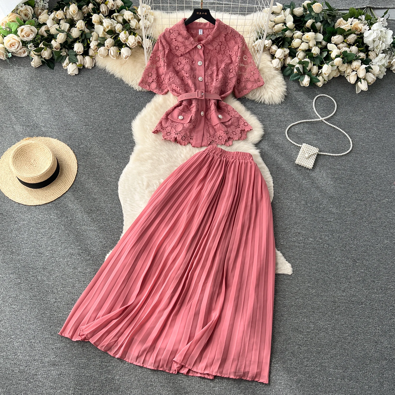 Women Chic French Two Pieces Sets Lapel Short Sleeve Shirt Elegant High Waitst A-line Pleated Skirt Chiffon Fashion  Summer Sets