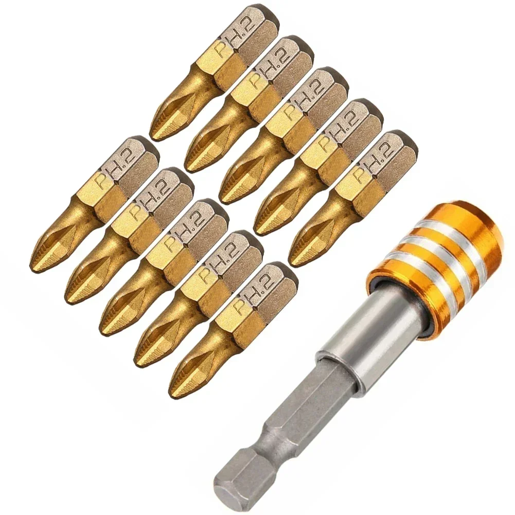 11pcs Screwdriver Bits Extension Bar 25mm 1/4\'\' Shank Titanium Coated Anti Slip PH2 With Adapter For Electric Driver Drill Tools