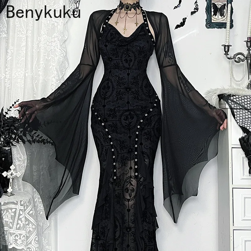 Halloween gothique maille Smock haussement d'épaules femmes Vintage Streetwear point ouvert sorcière voir à travers manches chauve-souris haut court boléro vêtements Sexy