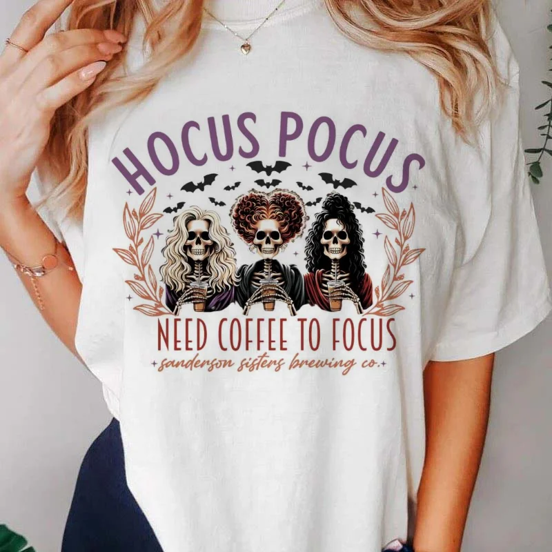 Hocus Pocus I Need Coffee To Focus T-Shirt Printed Pattern Fashion New Year Holiday Short Sleeve Women\'s O-Neck Top Retro T-Shir