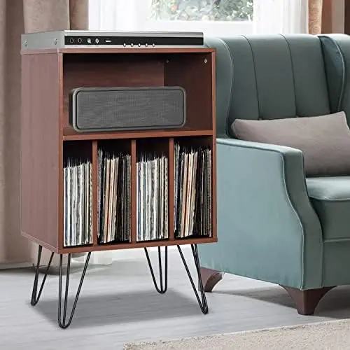 

Record Player Stand, Turntable Stand with Metal Legs, Vinyl Record Cabinet w/ 5 Open Shelves Holds up to 150 Albums for Living