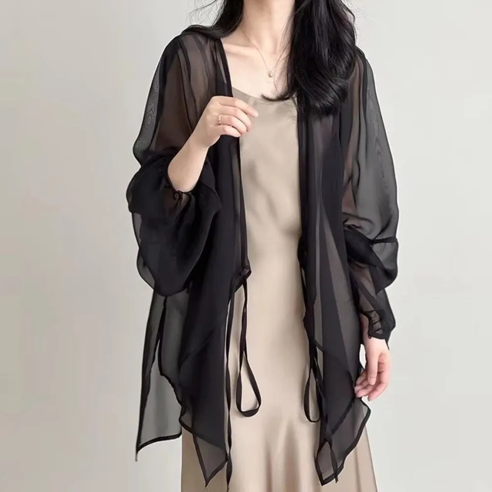 Fashion Solid Color Cardigan Tops See Through Open Front Chiffon Blouses Long Sleeve Light Texture Air Weave Tops Summer Season
