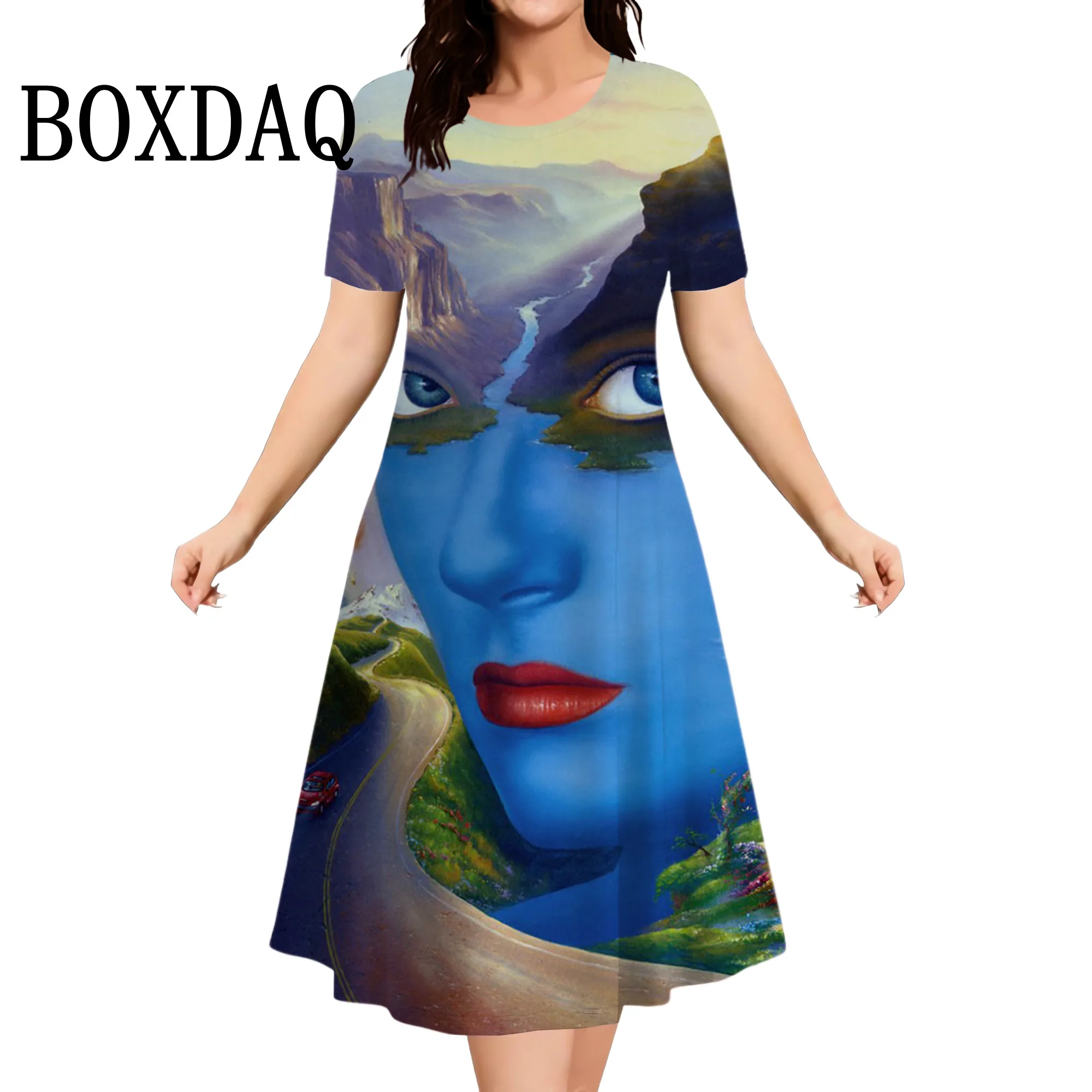 Abstract Gezicht 3D Gedrukt Jurk Voor Vrouwen 2025, Zomer Mode Korte Mouw Mini Jurk Losse Casual Plus Size 9XL Dameskleding
