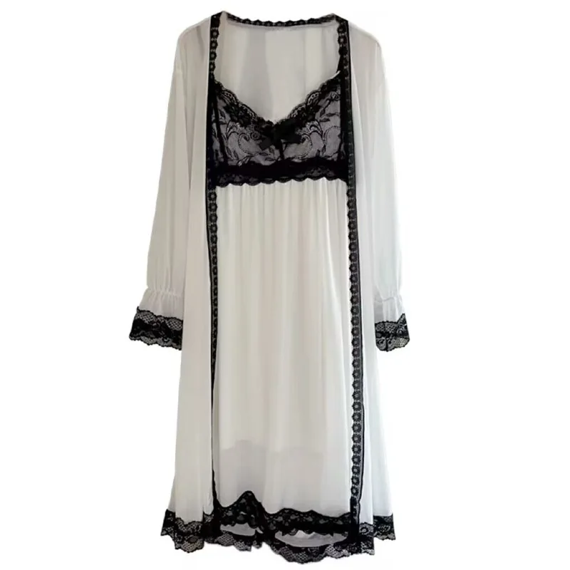 Plus Size 4XL Female Nighty&Robe Set Sleepwear Sexy Patchwork Lace Nightgown Nightwear Loose Satin Home Dressing Gown Loungewear