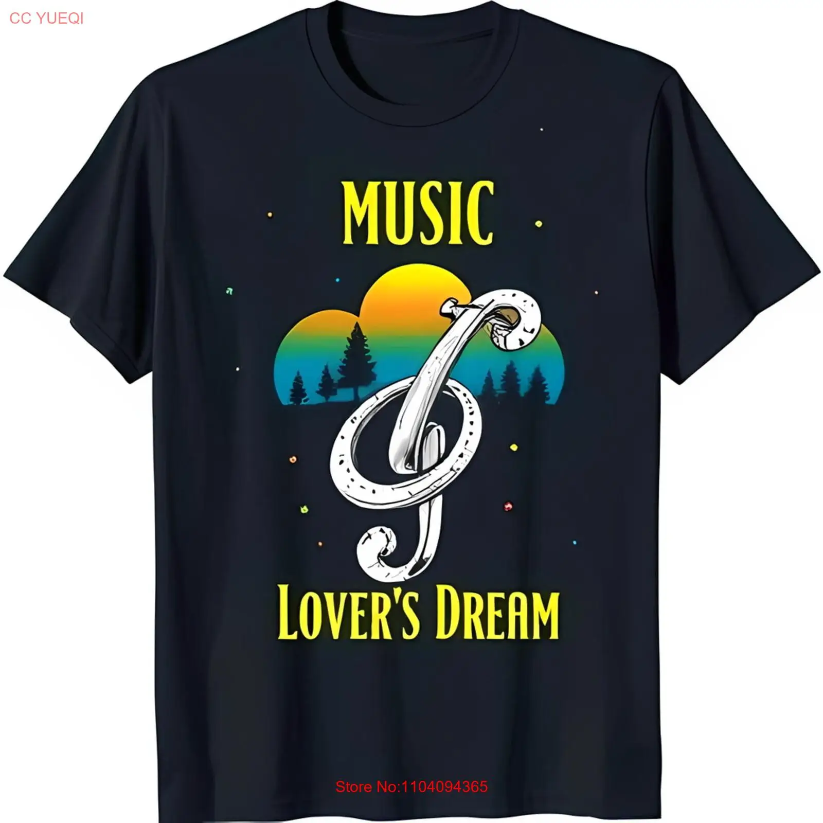 Camiseta negra con agudos vibrantes en el sueño colorido de los amantes de la música de la nube