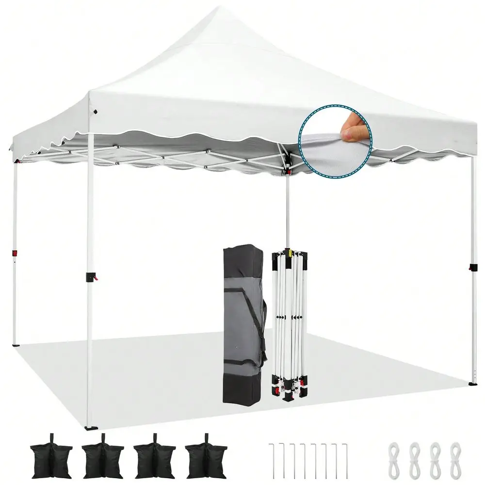 

10x10 Pop Up Canopy Tent Gazebo Pavilion For Parties With 4 Sandbags, 4 Ropes, 4 Stakes Wavy Edge, One Person EZ Setup, 20 Thic