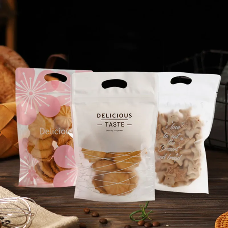 

50Pcs Cherry Blossoms Flower Biscuits Snowflake Crisp Cookies Nougat Portable Self Stand Up Zipper Gift Packaging Bags