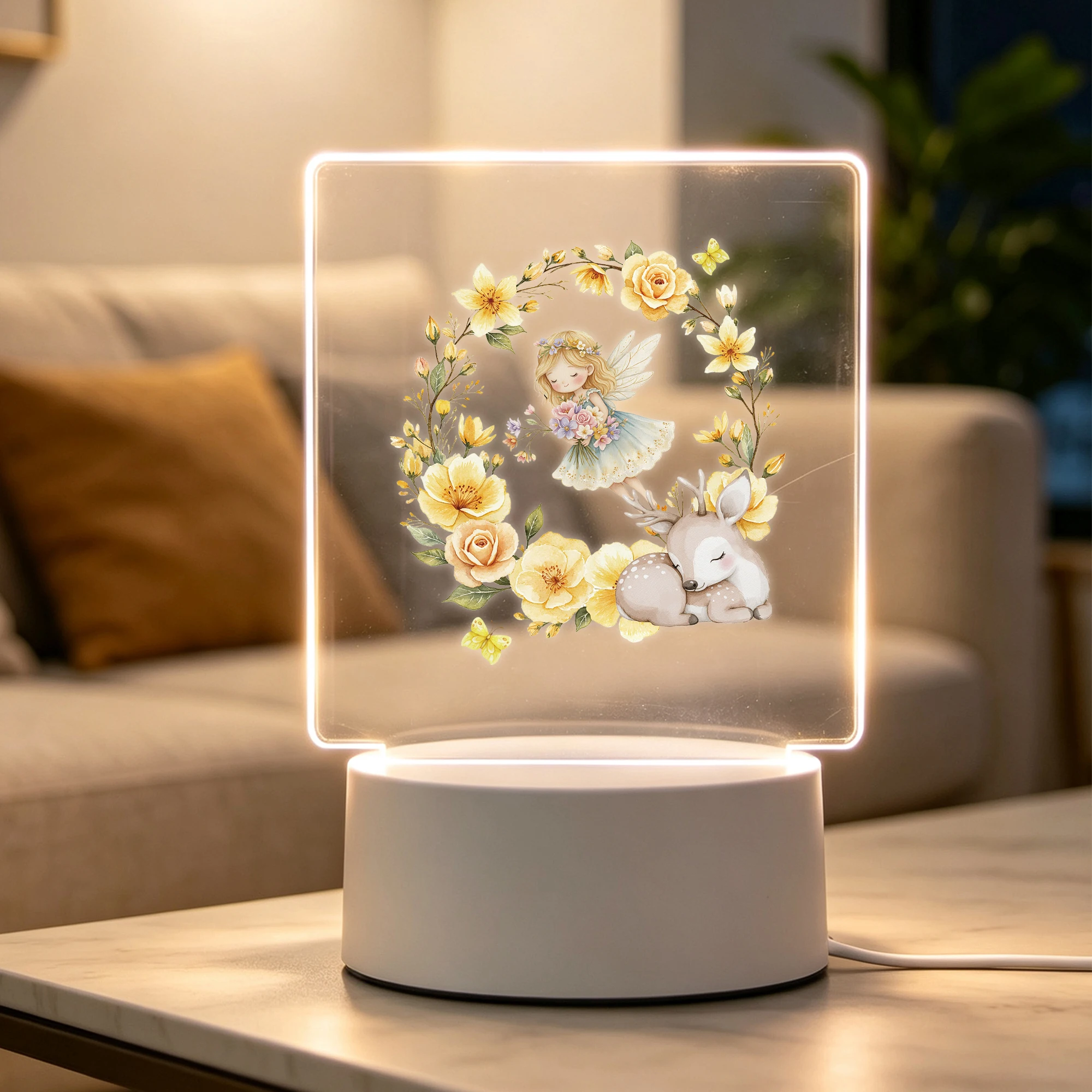 2D Flat Acrylic LED  Yellow Rose Fairy Decoration Desk Lamp Night Light Cartoon Children Bedroom Gifts Home Decor Gift