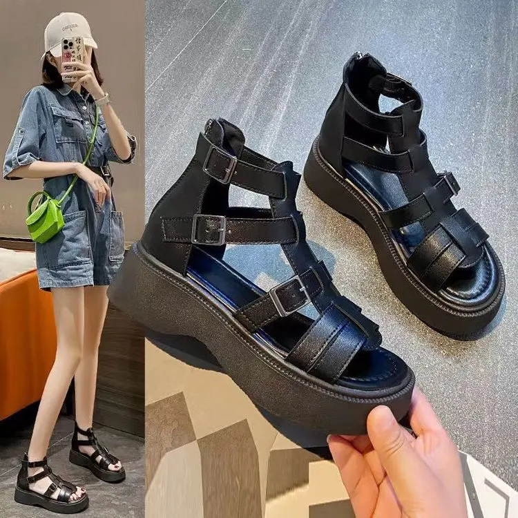 Women Thick Bottom Heightening Hollow Zipper Sandals Open Toe Platform Heightened Cutout Zipper Sandals PU Leather Casual Sandal