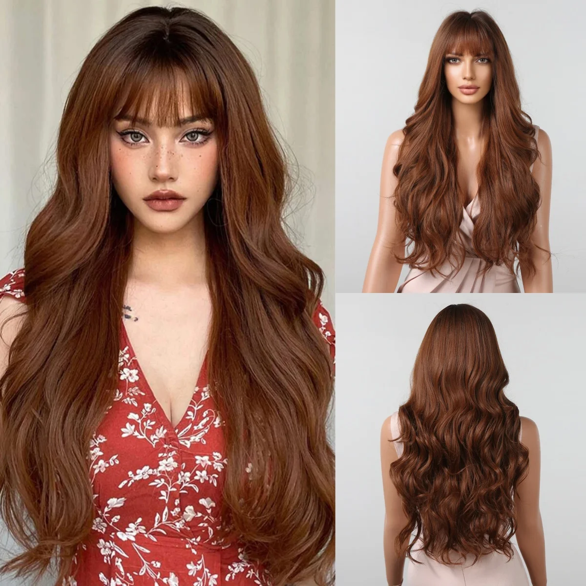 Long Wavy Auburn Dark Brown Synthetic Wigs for Women Ombre Brown Middle Part Hair Heat Resistant Wigs Daily Cosplay Fiber Hair