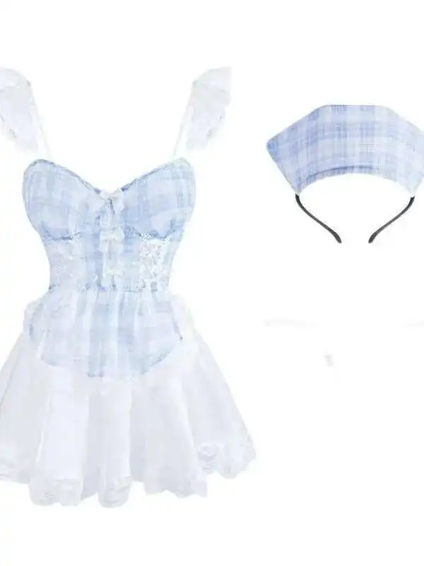 Blauw Sexy V-hals Pure Perspectief Jarretel Mooie Rug Plaid Zachte Meid Korte Pittige Verpleegster Jurk Elegant 2025, Nieuwe 758Z