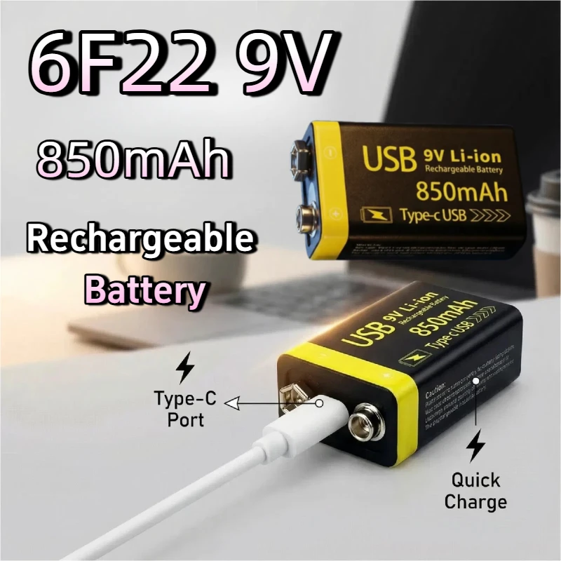 

USB - C Rechargeable 9V 6F22 Battery 850mAh High Capacity Li ion for RC Toys & Measuring Tools