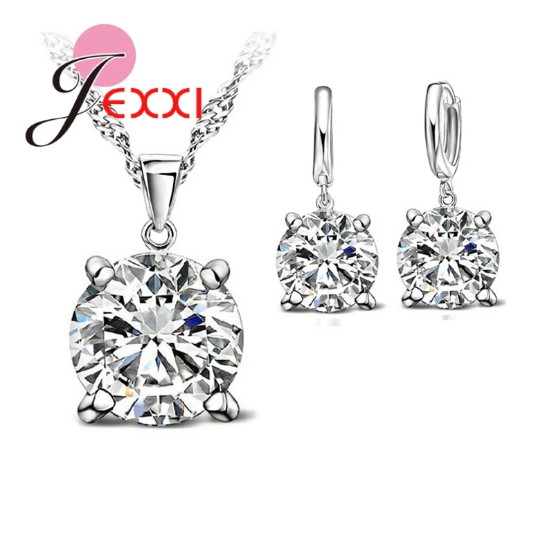 Solid 925 Sterling Silver Jewelry Sets 4 Claws Cubic Zirconia Pendant Necklace Earring Fashion Jewelry For Women SET