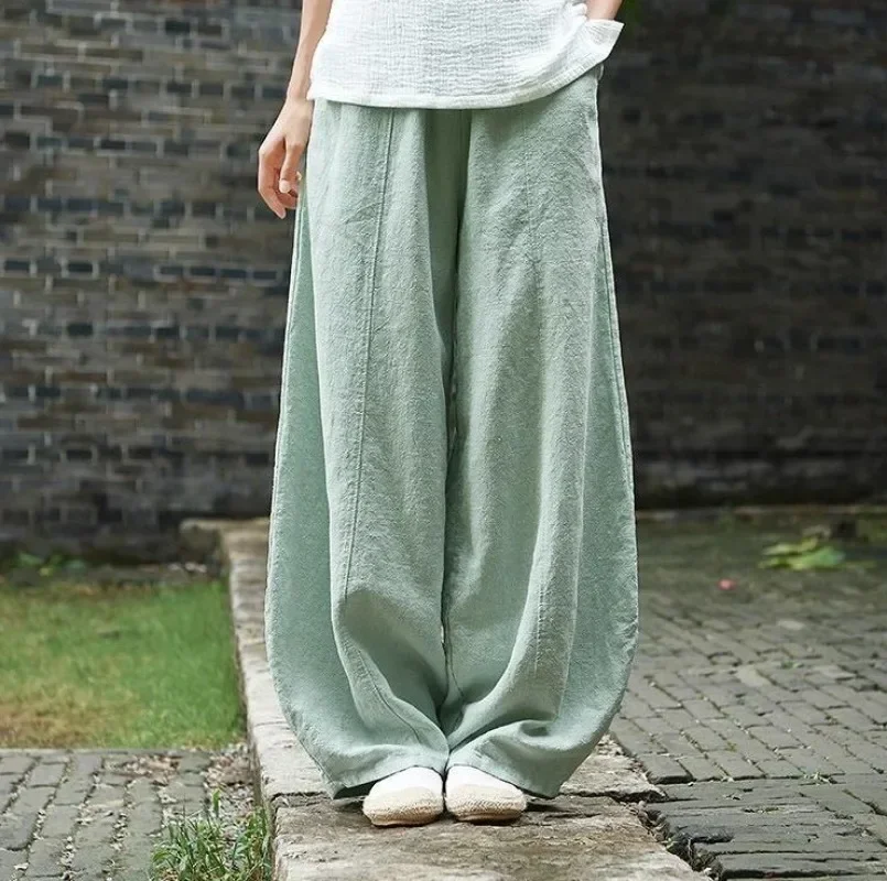 Japanese new cotton and linen bloomers Zen elastic waist loose trousers women's casual trousers