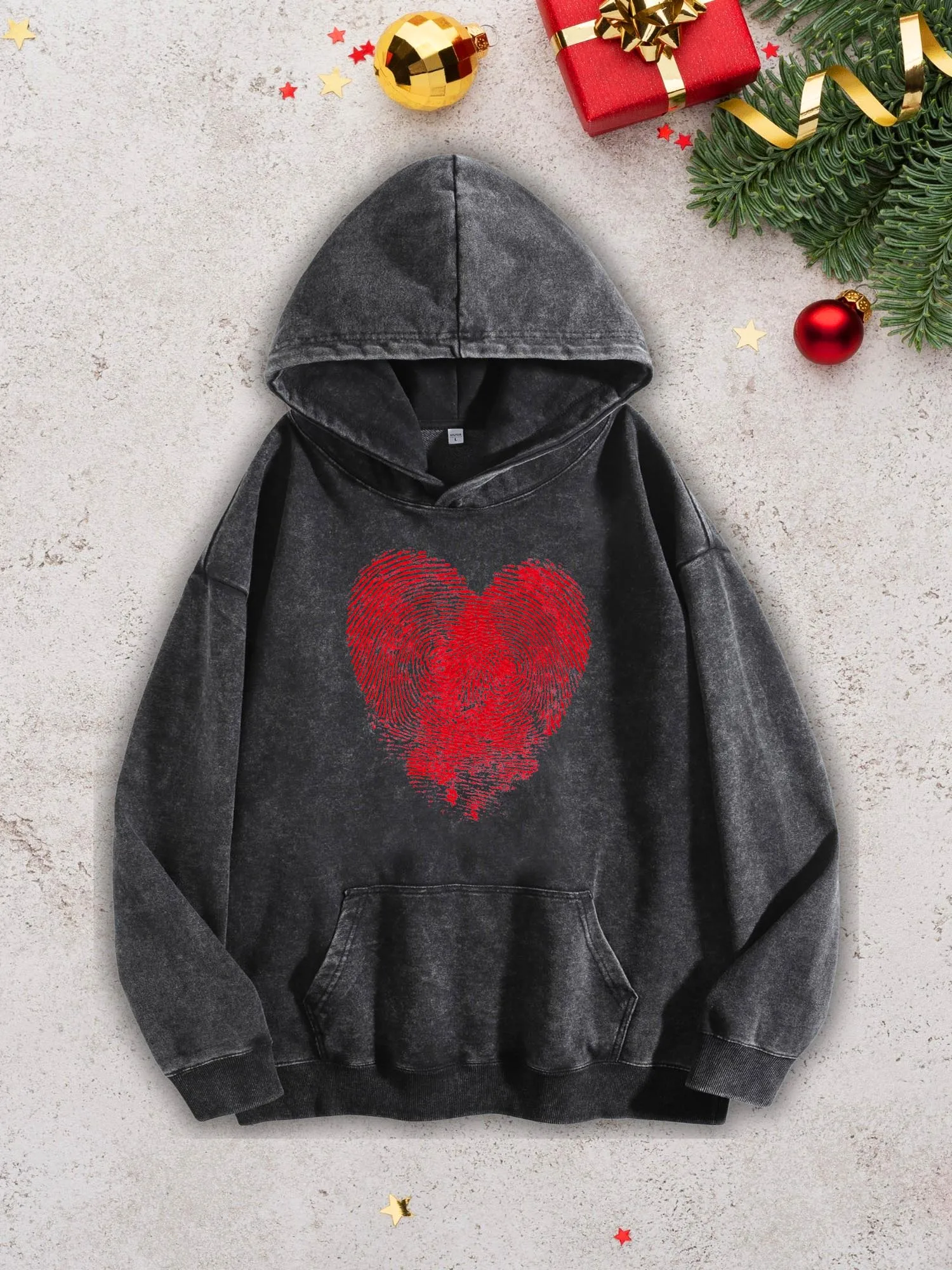 

Мужская тяжелая толстовка с капюшоном Red Heart с отпечатками пальцев — черный пуловер в стиле ретро Acid Wash, осенне-зимняя толстовка 400 г/м2