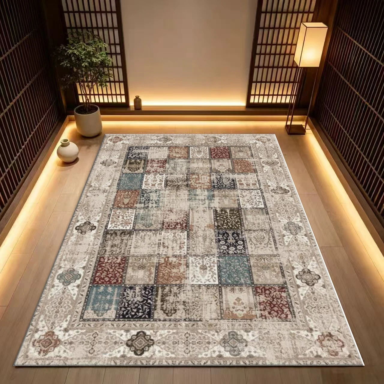Multi‑Color Patchwork Vintage Square Rug Non‑Slip Distressed Bohemian Style Floor Mat for Living Room Bedroom Home Decoration