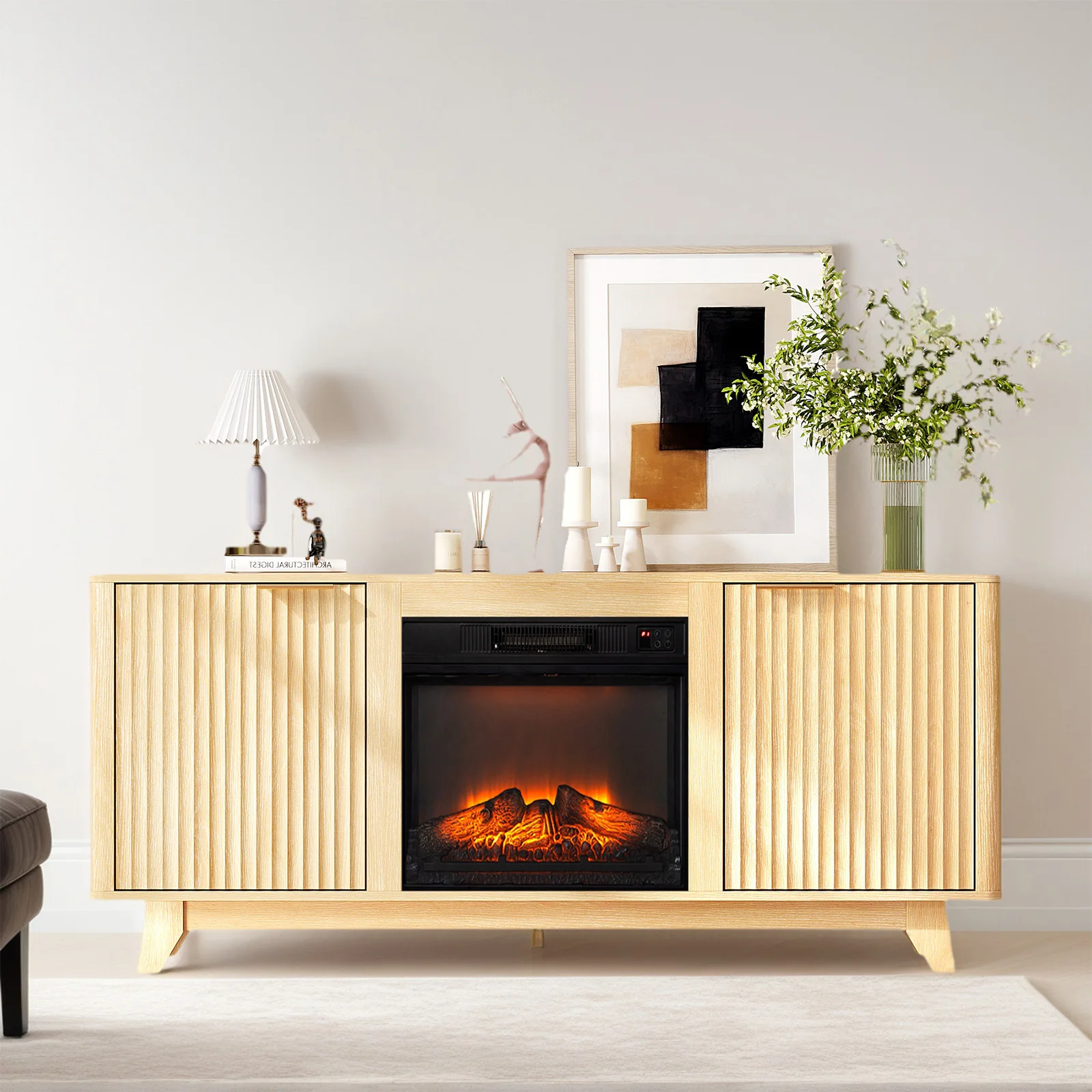 Oak Fireplace TV Stand with 18 Inch Insert Double Grid Doors and Gold Handles Embossed Board Media Console 58 x 13.6 x 25.4