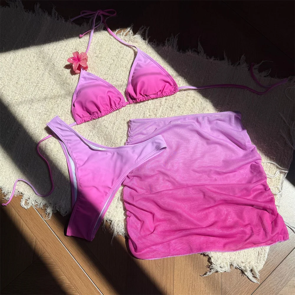 Seksowny gradientowy zestaw bikini z siateczkową spódniczką, strój kąpielowy Y2K z odkrytymi plecami, bikini na ramiączkach, strój plażowy dla kobiet na wakacje, stringi kąpielowe.