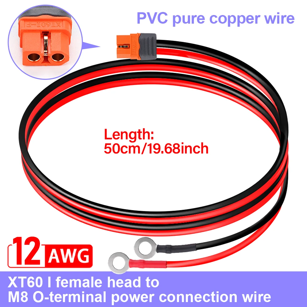 12AWG Solar Connector XT60i Female to O Ring Terminal Cable 50cm Extension Cable Charger For RC Battery Motor Solar Generator