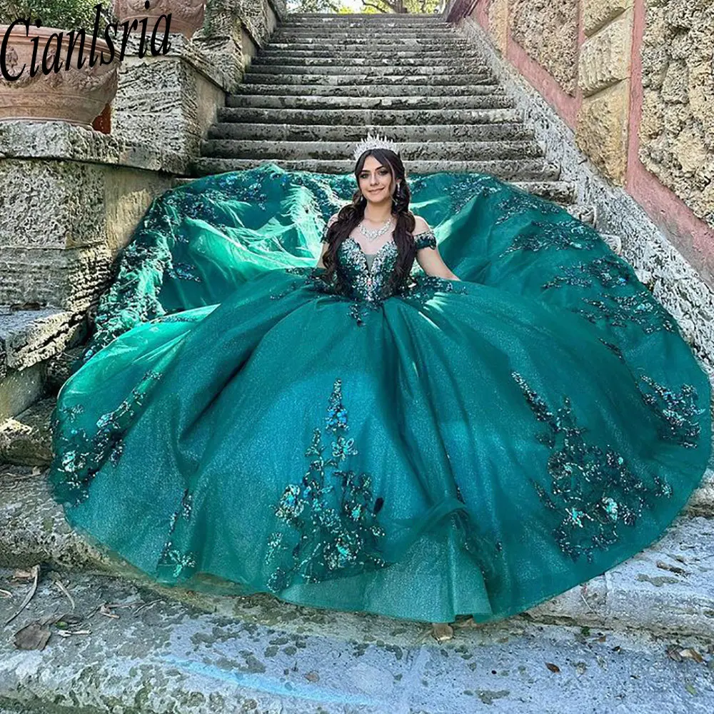 Suknia Quinceanera Balowa Szmaragdowa Zieleń Kwiaty 3D Koraliki Kryształ Aplikacje Cekinowe Koronka Księżniczka Słodkie 15 16 Urodziny