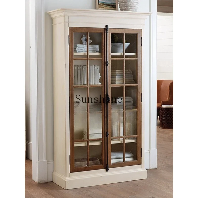 

American retro solid wood floor-to-ceiling bookcase household glass door dust locker