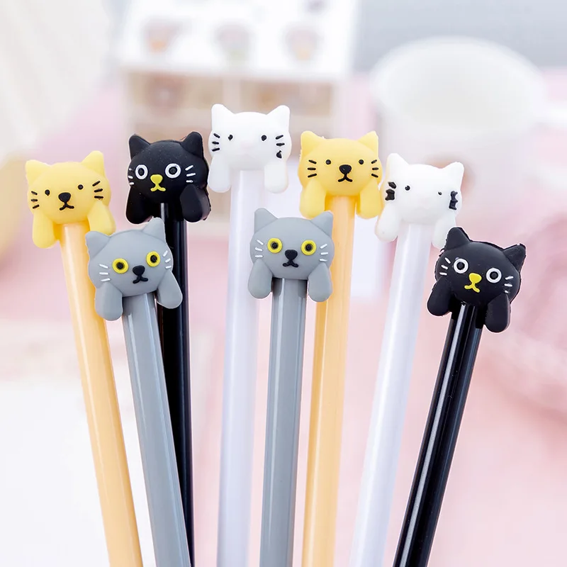 12/24/60 Pcs Wholesale Korean Creative Stationery Ins Cute Black Neutral Pen Small Cat Cartoon Pen Student Gift Wholesale