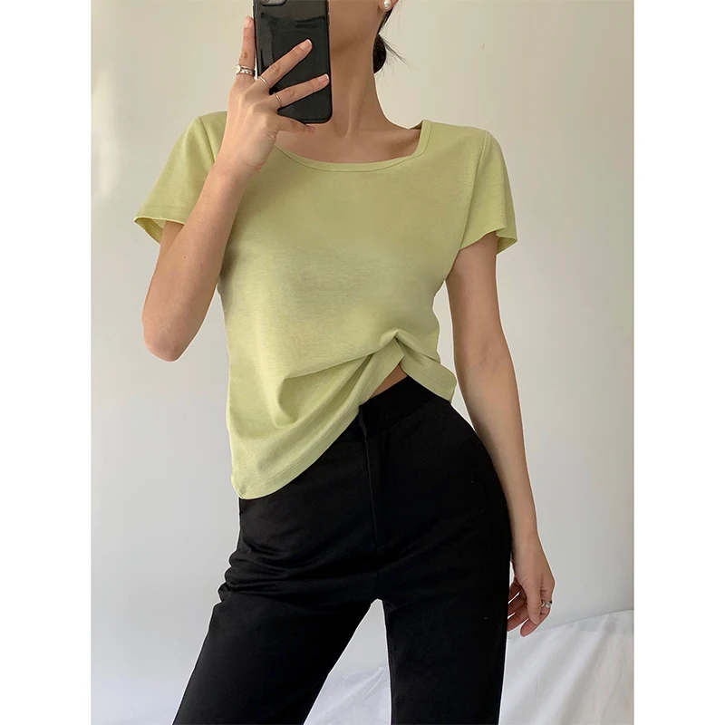 Summer Silky Acetate Mulberry Silk T-shirts U-neck Slim Fit Short Sleeve Refreshing T-shirt Basic Tees