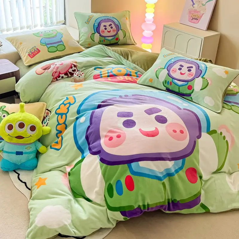 Donald duck Daisy Pooh Bear Lotso Buzz Lightyear Mickey fun cartoon print soft and comfortable milk velvet bedding set of four