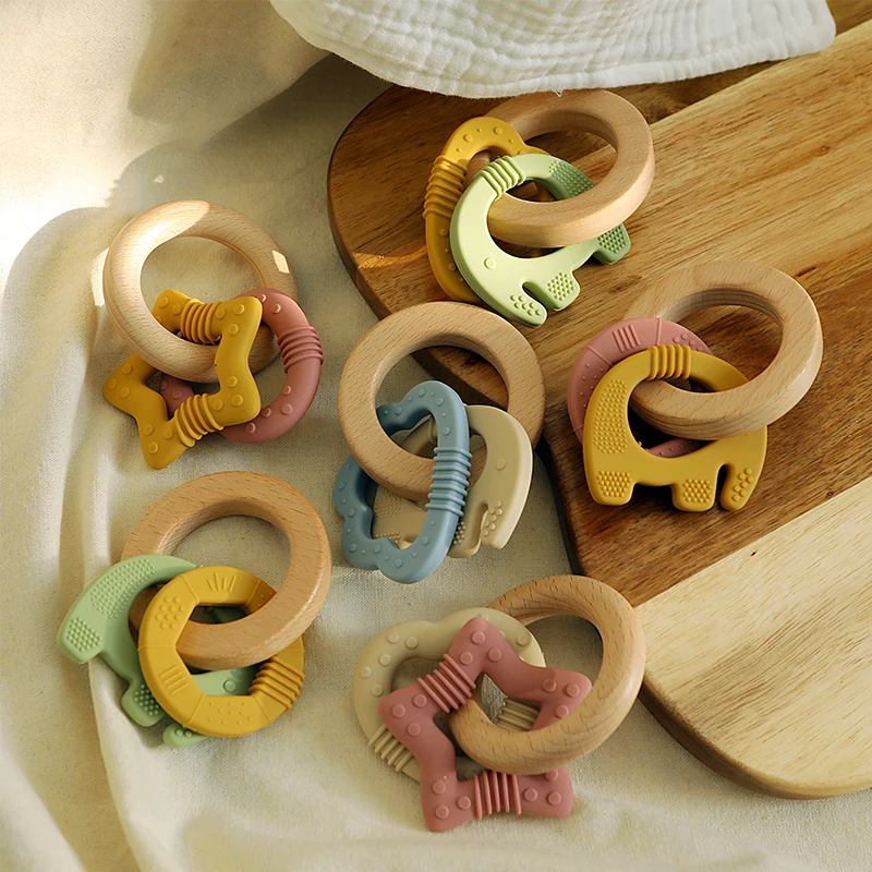 Baby Teething Toys Babies Silicone and Wooden Teether Ring Cute Shapes Chew Teethers Toy for Boys and Girls Newborn Gifts