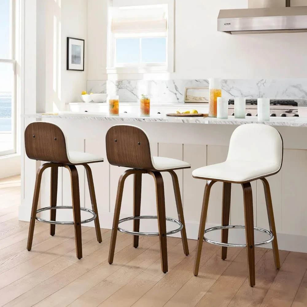 

Swivel Counter Height Bar Stools Set of 3, Mid-Century Modern Upholstered PU Leather Barstools with Low Back & Walnut Bentwood L