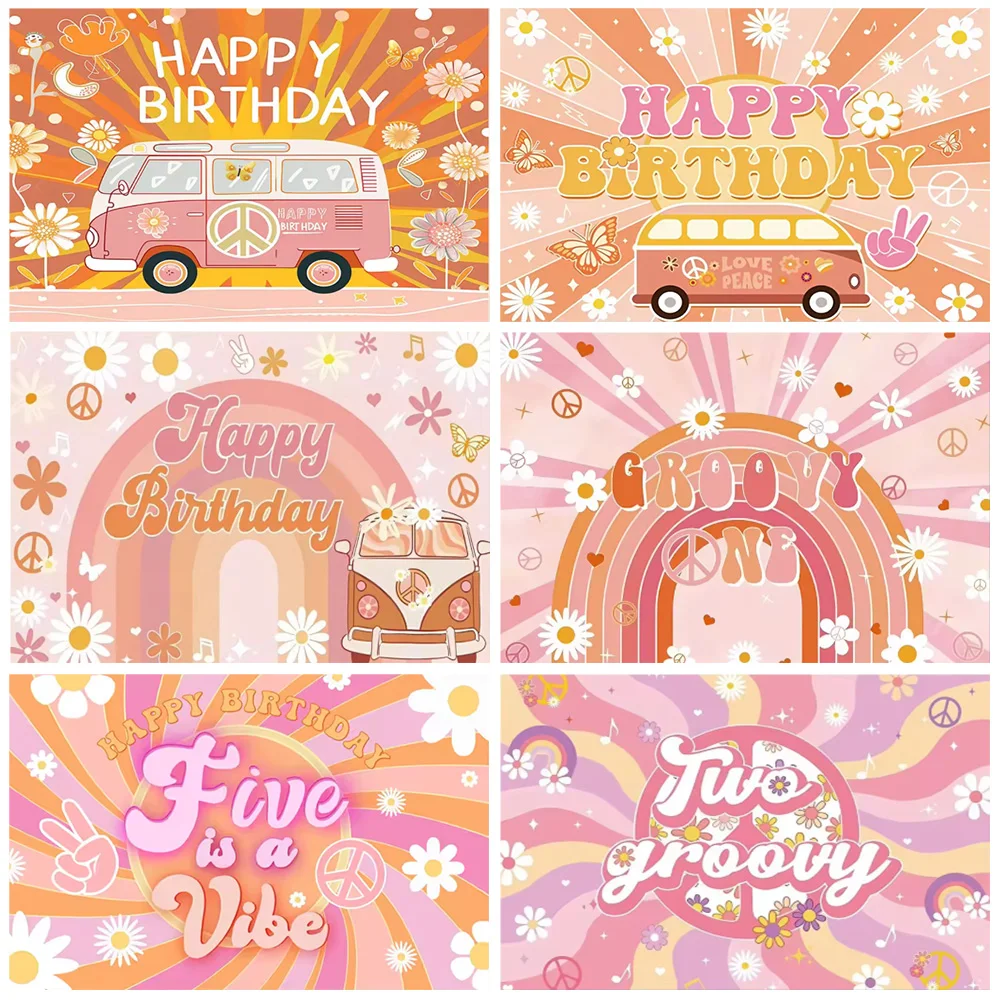 

Retro Cartoo Hippie Bus Theme Happy Birthday Bohemian Daisy Background Cloth Party Decoration Background Props Kid Gifts