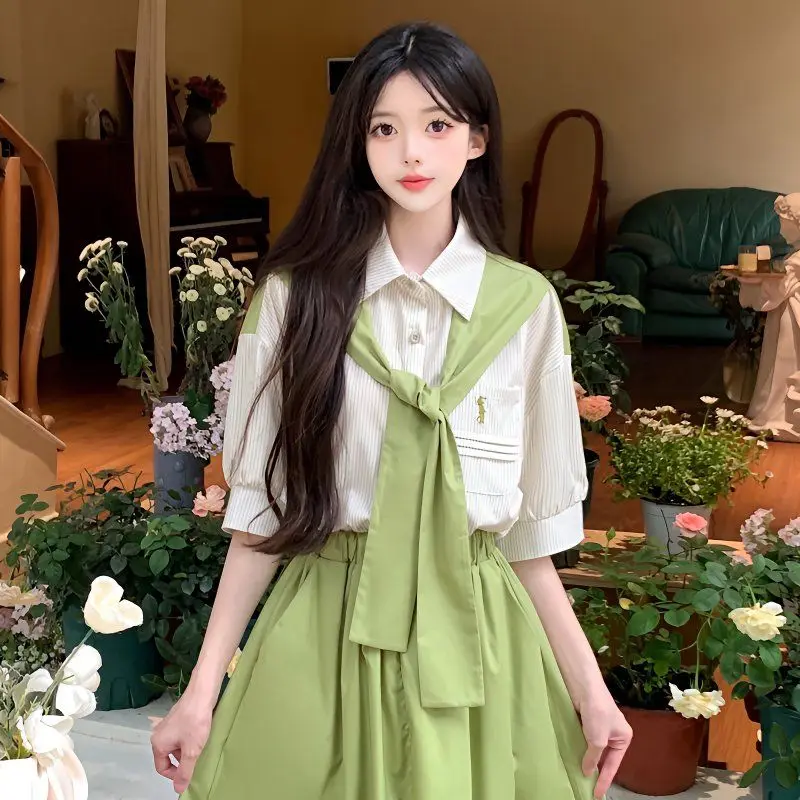 

Japan Fake Two-Piece Shawl Striped Shirt Girl Summer Clothes New Loose Design Shirt For Students