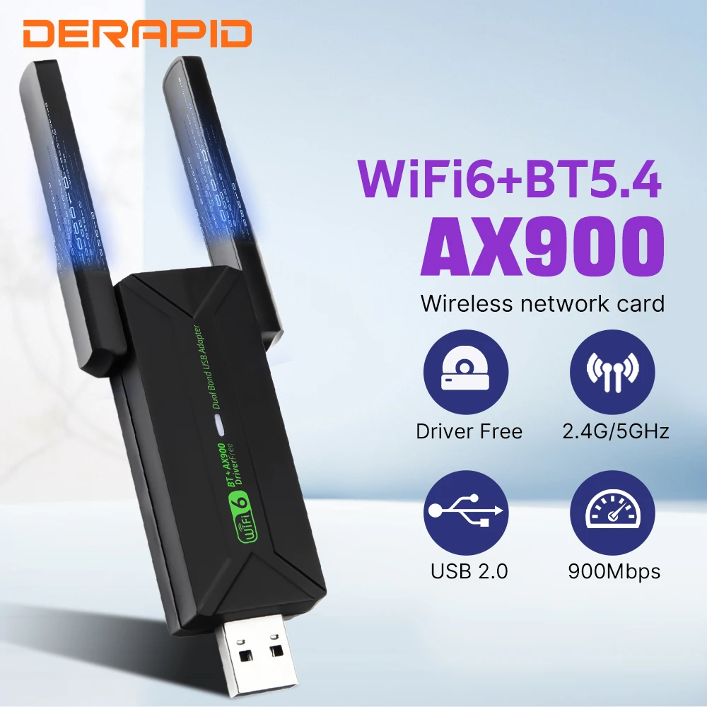 WiFi 6 AX900 Bluetooth 5.4 WiFi USB Adapter Wireless Network Card 2.4G&5GHz Wi-Fi Receive USB For PC/Laptop Win10/11 Driver Free