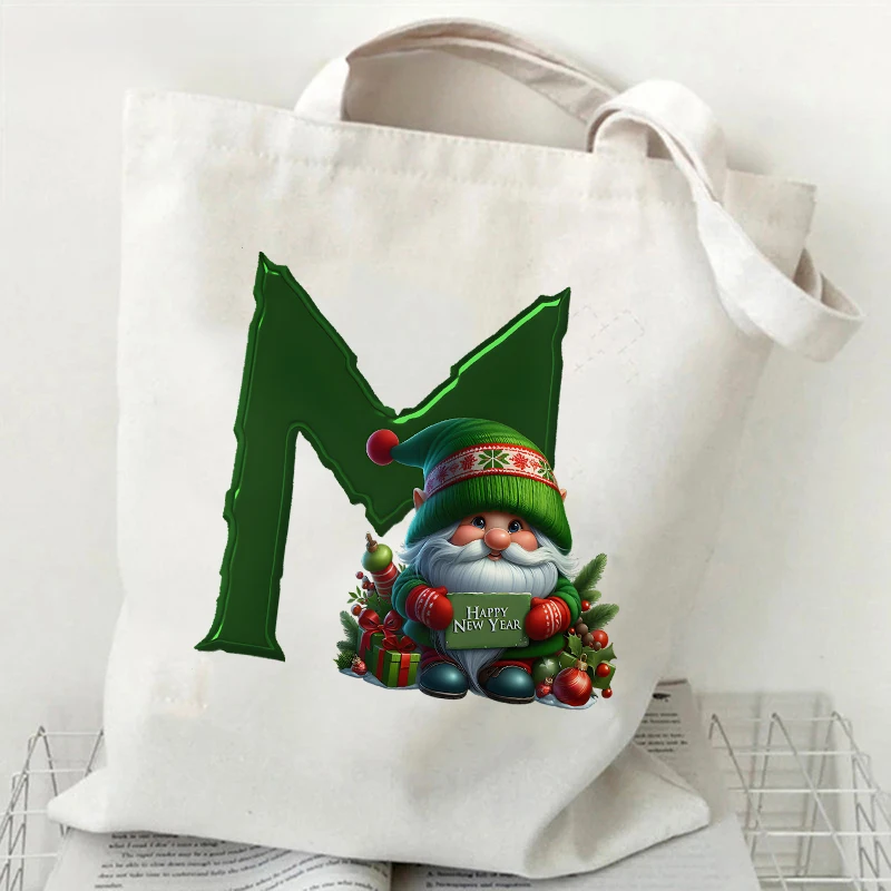 موضة A-Z 26 رسالة حقائب النساء الأخضر سانتا كلوز الرسم قماش حمل حقيبة تسوق حقائب كتف سعة كبيرة