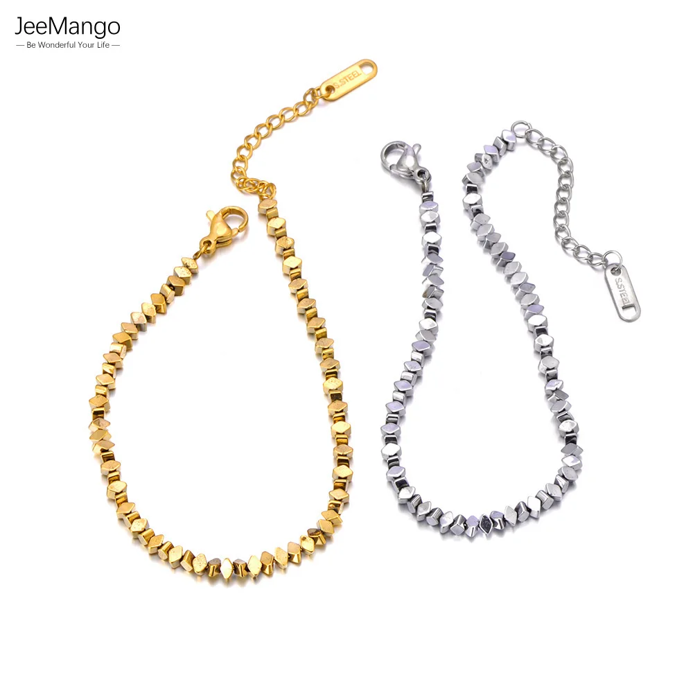 

JeeMango Golden Hematite Stone Beads Chain Handmade Fashion Bracelet For Women Stainless Steel Beaded Charm Jewelry JB23114