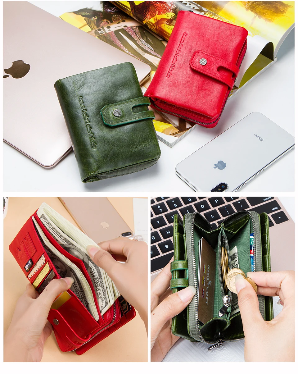 Contacts\'S Fashion Women Short Wallets Genuine Leather Woman Wallet Zipper Coin Purse With Card Holder Money Bags Large Capacity
