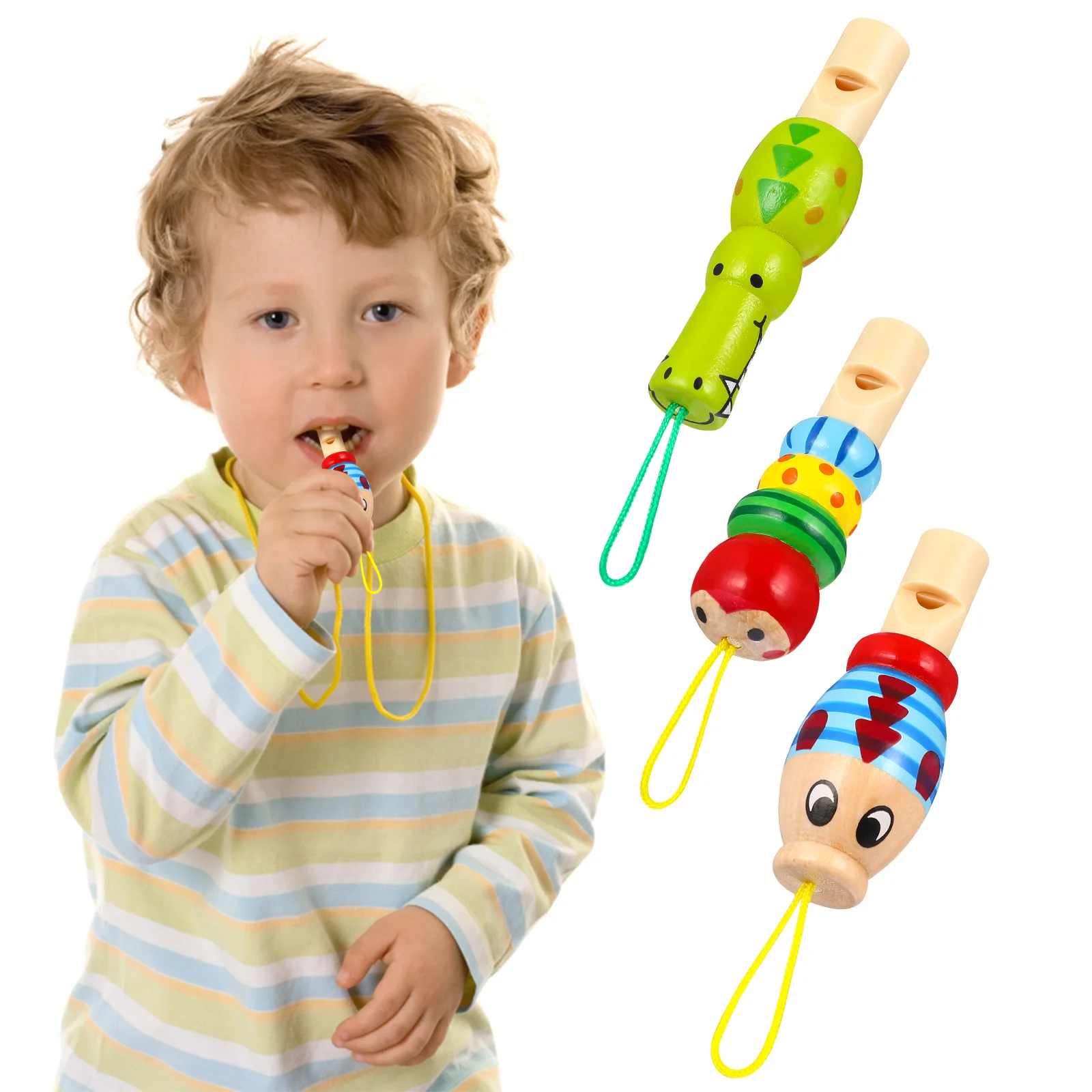 Silbato de animales a granel para niños, juguetes musicales, silbatos educativos de madera para bebés con cordón, 3 uds.