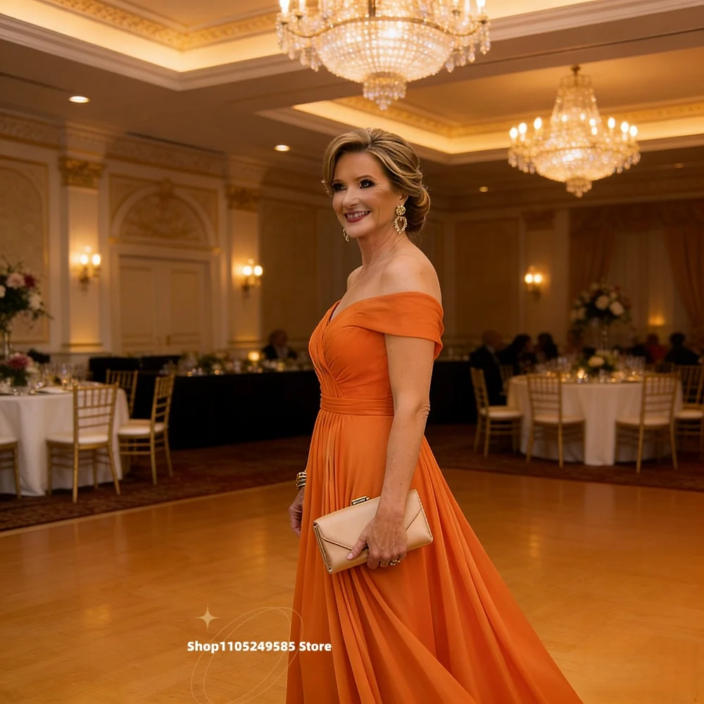 Robes mère de la mariée en mousseline de soie Orange Simple, épaules dénudées, ligne a, longues et élégantes, robes de soirée d'invitées de mariage personnalisées