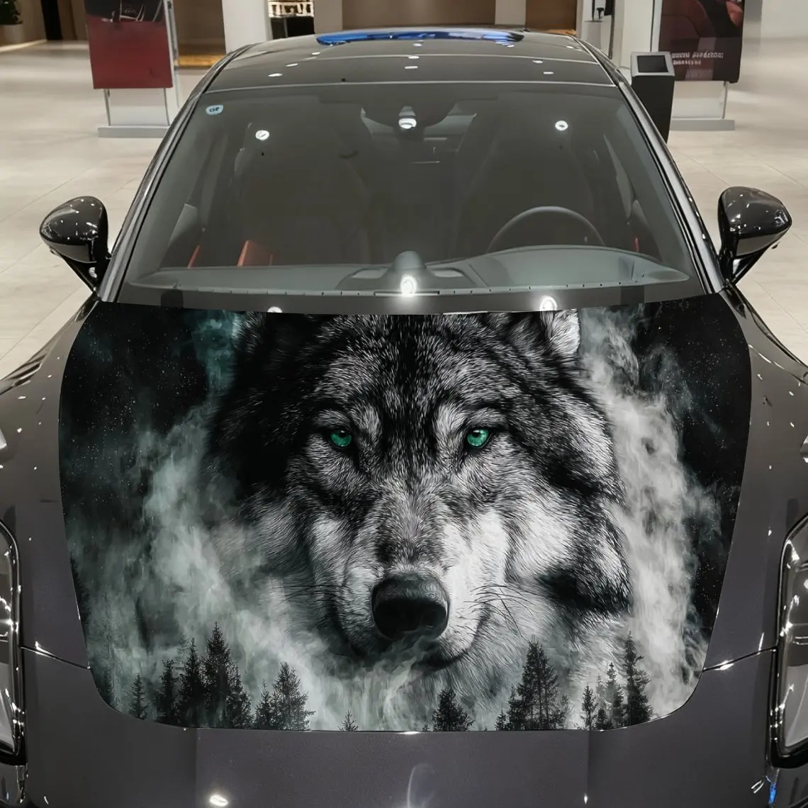 

Misty Green-Eyed Wolf Howls in Forest Car Vinyl Wrap, PVC Material Waterproof Car Hood Sticker, Self-Adhesive Scratch-Resistant