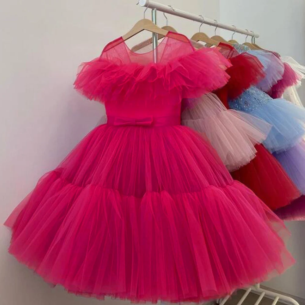 Summer Fluffy Girl Dress Hot Pink Birthday Party Princess Dresses Children Gown Lace Bow Wedding Tutu Dresses for Girls Vestidos