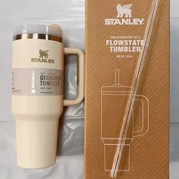 Stanley Quencher 뚜껑 및 빨대 달린 단열 열 여행 컵, 40oz 크림 컬러, H2.0 Flow스테이트 텀블러 