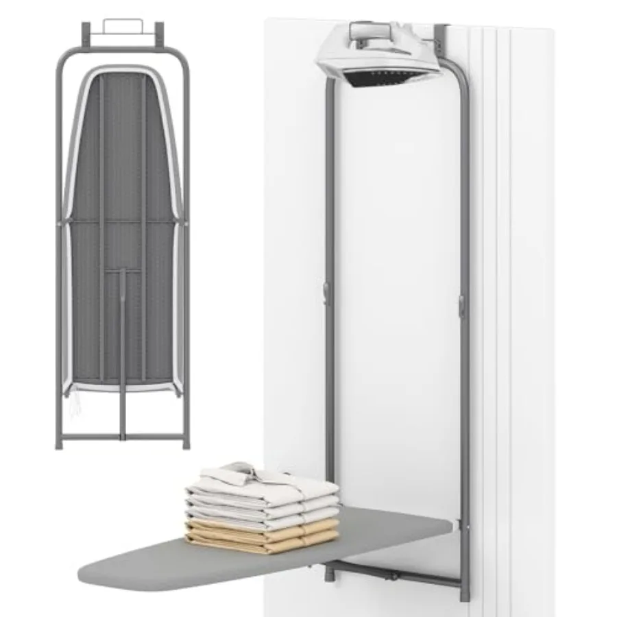 

Over The Door Ironing Board, Space-Saving Metal Hanging Ironing Board with Iron Holder & Cotton Cover, Compact Fold Down Iron St
