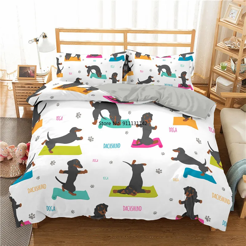 

Cartoon Sausage Dog Pattern Down Bedcover Pillowcase 3D Cute Animal Bedding Set 2/3 Twin Queen Large Bedroom Cover