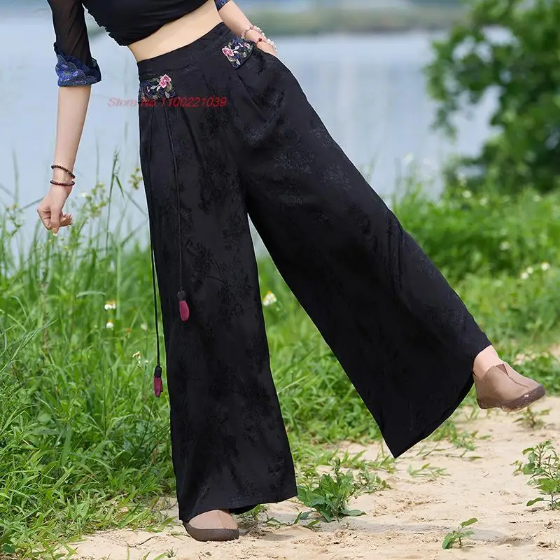 2024 chinese vintage flower embroidered pants women traditional wide leg trousers national elastic waist satin jacquard pants