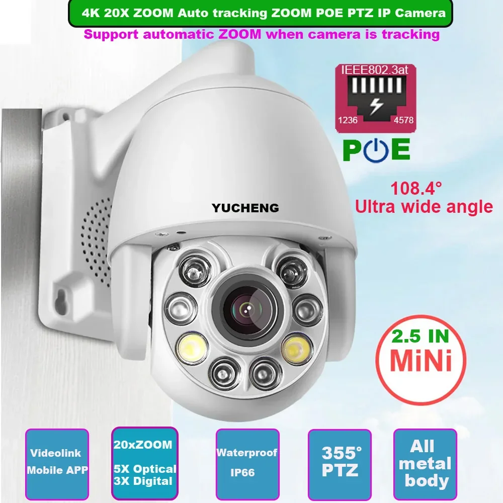 108.4° 4K 8MP 20X ZOOM auto tracking zoom PTZ IP CAMERA Ultra wide angle POE Speed dome PTZ IP Camera  P2P IMX415 SD 512GB